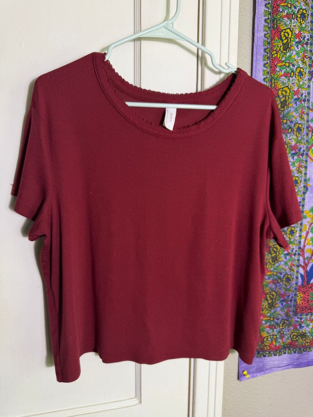 Audrey Burgundy Knit Top Women M Short Sleeve Boxy Relaxed Minimalist Shirt